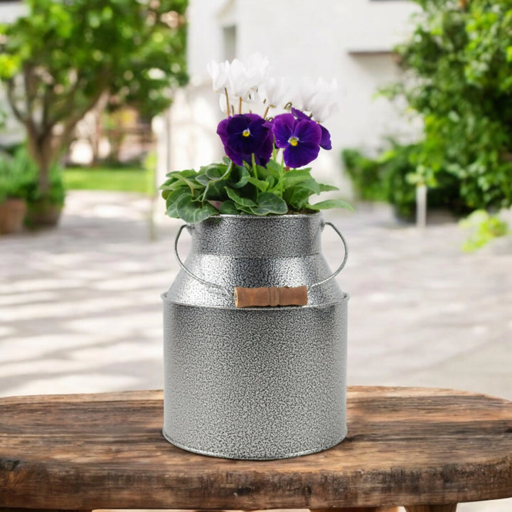 Seasonally Planted Hammered Grey Churn plants by post