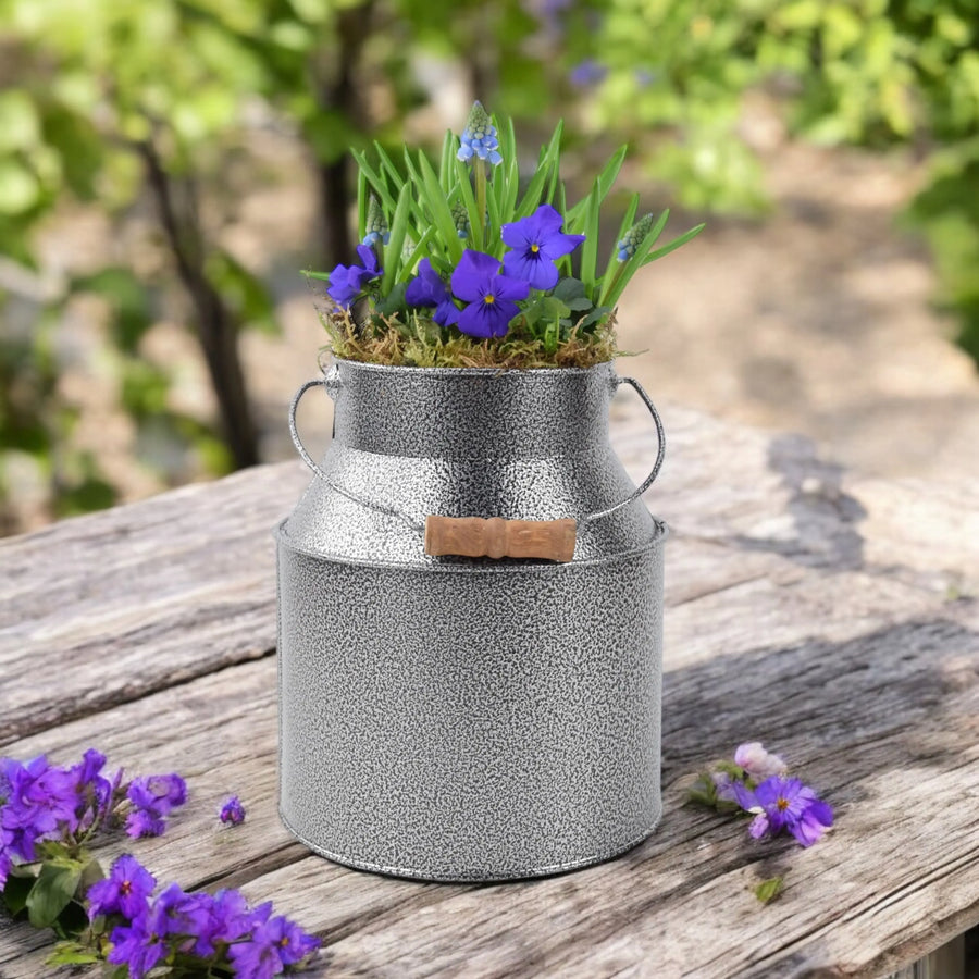 Seasonally Planted Hammered Grey Churn plants by post