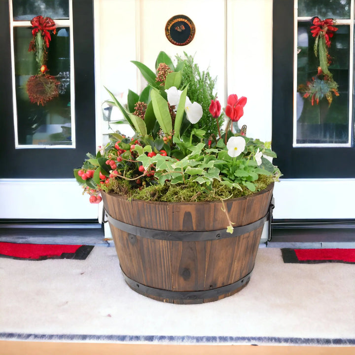 Festive Planted Wooden Barrel 30cm